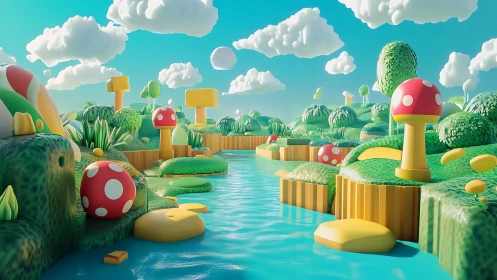 Whimsical 3D river valley with bright mushrooms and clouds.