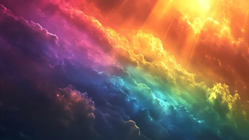 Prismatic stormcloud cathedral under molten rainbow light.