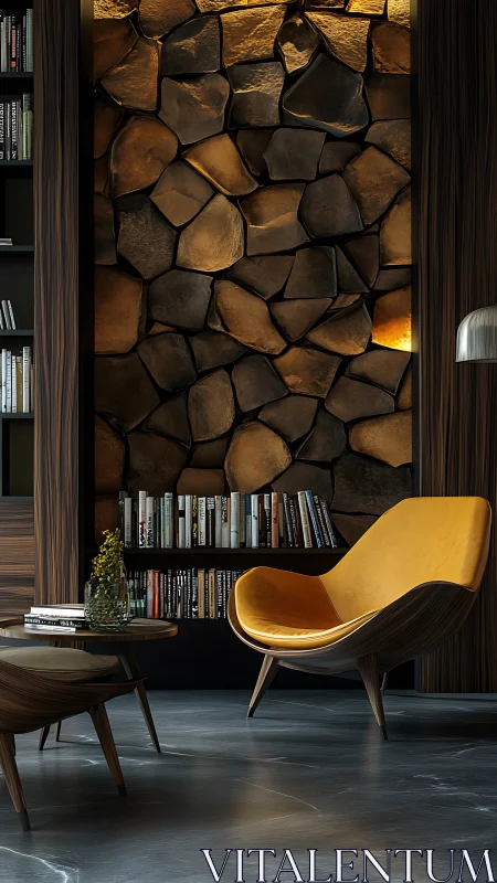 Honeyed lounge chair converses softly with a stone spine wall
