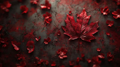 Red maple leaf on textured dark surface with petals.
