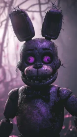 Corroded purple animatronic rabbit under eerie forest haze.