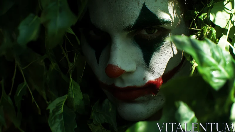 Clown face with intense makeup hidden in dark green leaves.