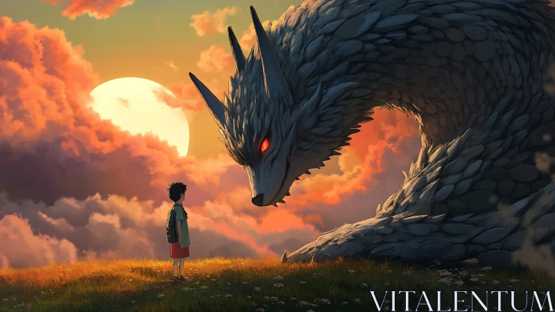 Sunset encounter between child wanderer and dragon guardian.