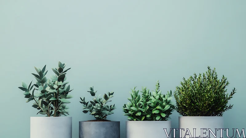 Four potted shrubs are aligned against a plain teal wall