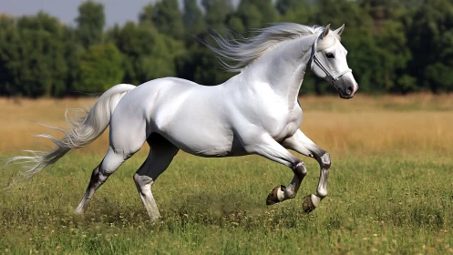 Galloping white horse captured mid-stride with dynamic motion blur