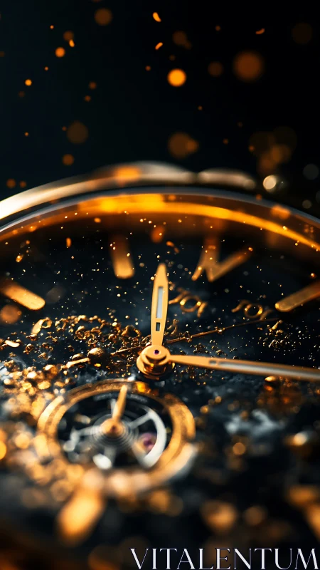 Macro luxury watch dial with molten gold sparks in motion.