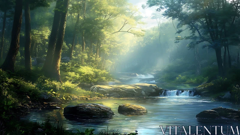 Sunlit Forest Stream: A Peaceful Sanctuary in Nature.