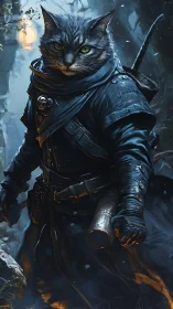 Armored feline rogue in misty forest, high-detail digital rendering