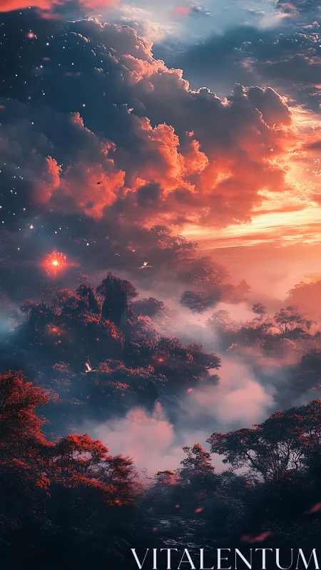 Crimson clouds drift over a misty forest of silent embers