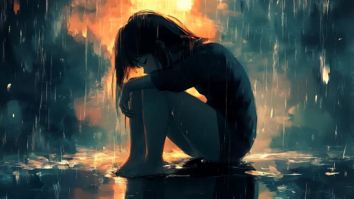 Solitary figure seated in heavy rain with backlit glow.