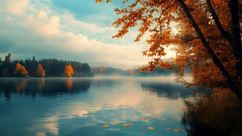 Autumn lake reflection under misty sky with golden foliage.