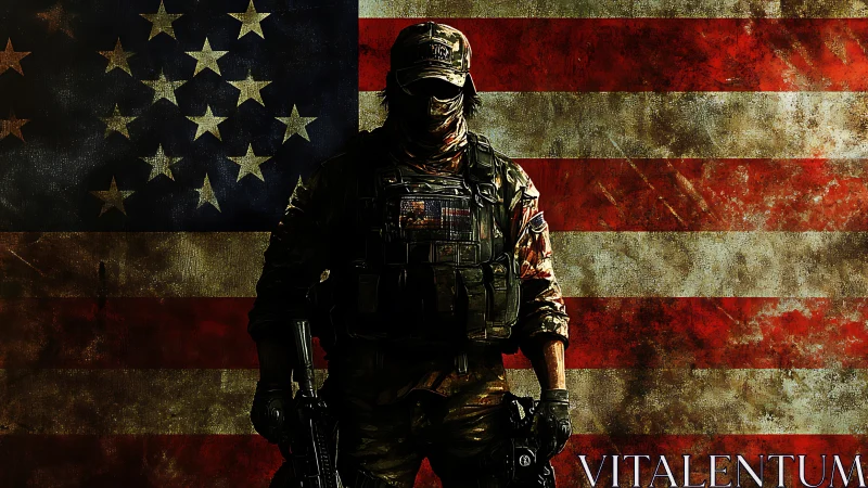 Armed soldier silhouette in front of worn US flag backdrop.