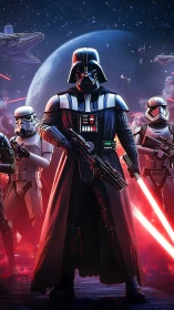 Dark armored leader commands troops in neon-lit space battle.