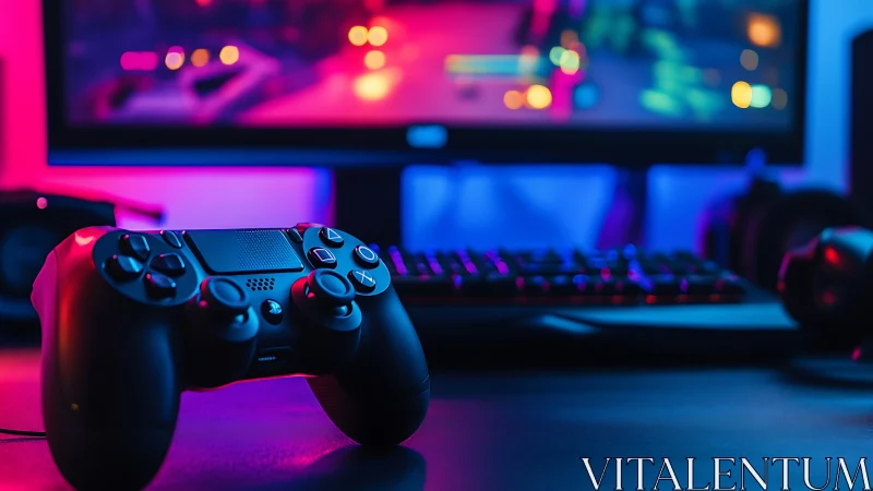 Gaming controller glows under neon RGB desktop lights.