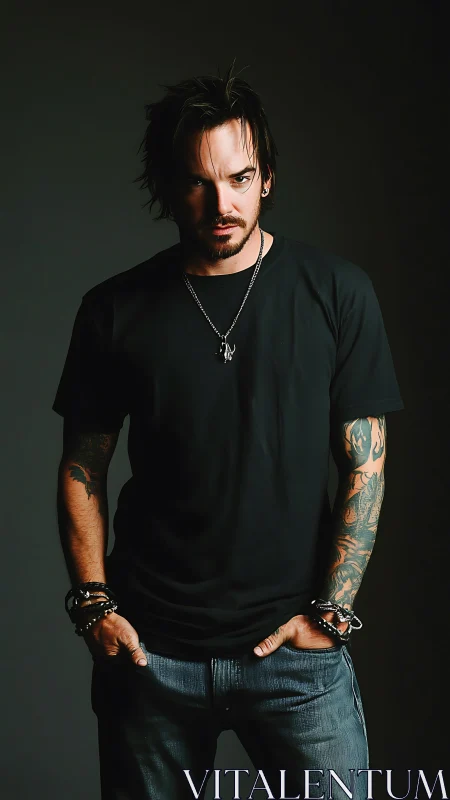 Tattooed man in black t-shirt posed against dark studio backdrop.