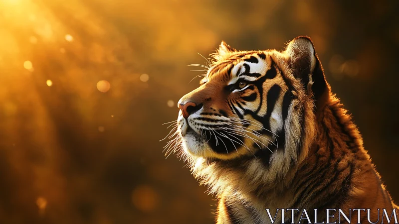 Majestic tiger gazes through golden backlit forest haze