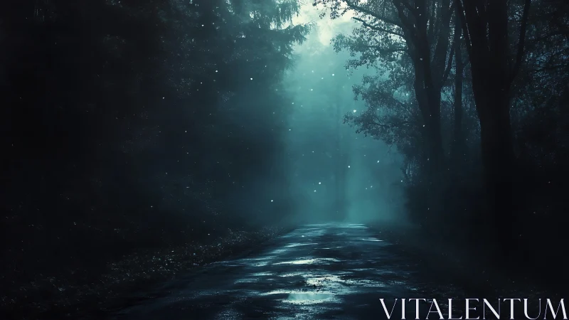 Moonlit forest path inviting quiet late-night wandering.