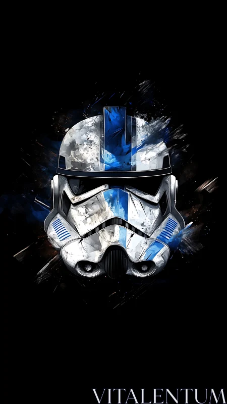 Battleworn blue trooper helm shattering from cosmic brushstrokes.