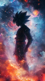 Silhouetted anime warrior within cosmic nebula field.