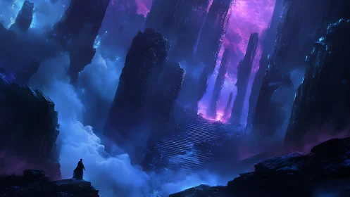 Lone figure observes towering neon cliffs in misty chasm