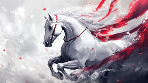 Dynamic white horse rendered with gestural brushwork and red accents