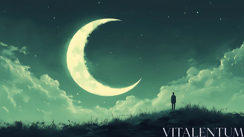 Solitary dreamer beneath luminous crescent skyscape.