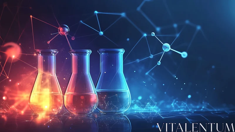 Digital lab flasks with molecular network in neon gradient lighting.