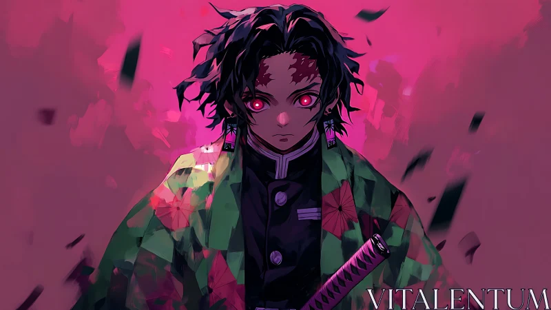 Crimson-eyed swordsman in shattered neon aura portrait.