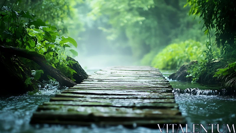 Gentle wooden path leads through a misty green forest stream