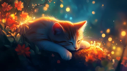 Sleeping Cat Surrounded by Luminous Flowers and Bokeh Light.