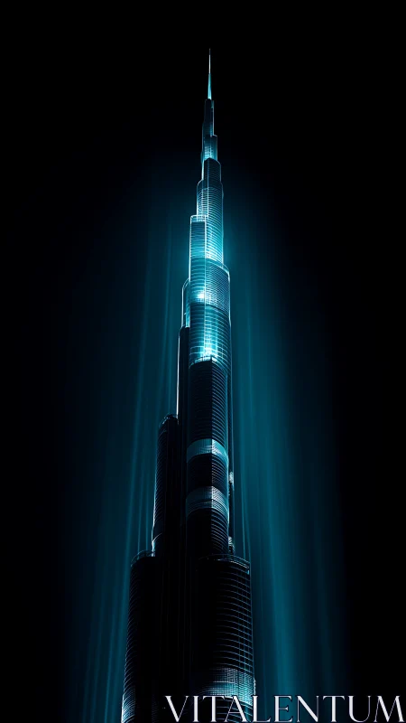 Futuristic glass skyscraper glowing against black sky.