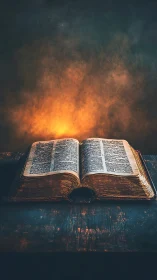 Open aged book on wooden table with central warm light.