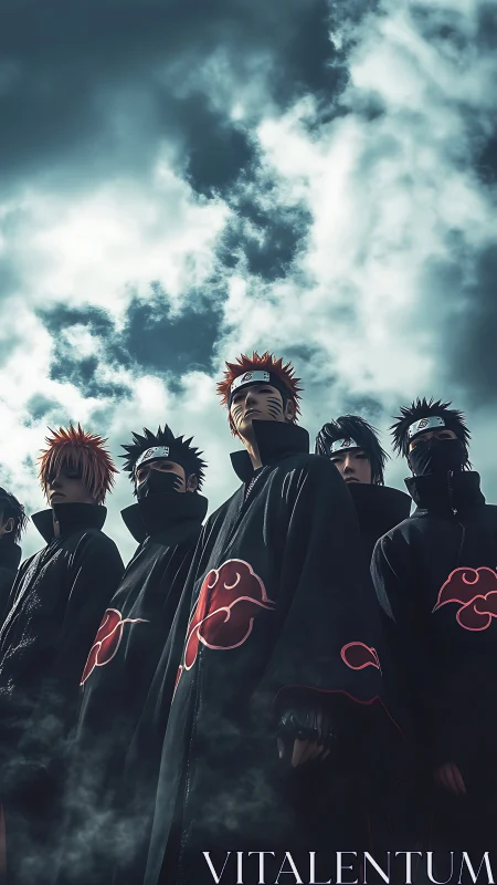Akatsuki cadre framed from low angle against turbulent sky