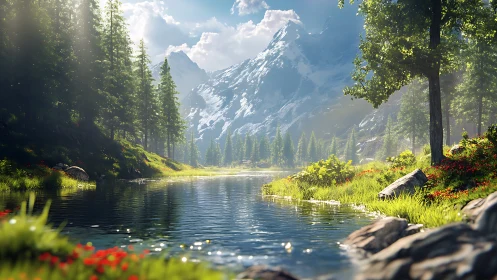 Sunlit alpine river valley under snowcapped mountain peaks.