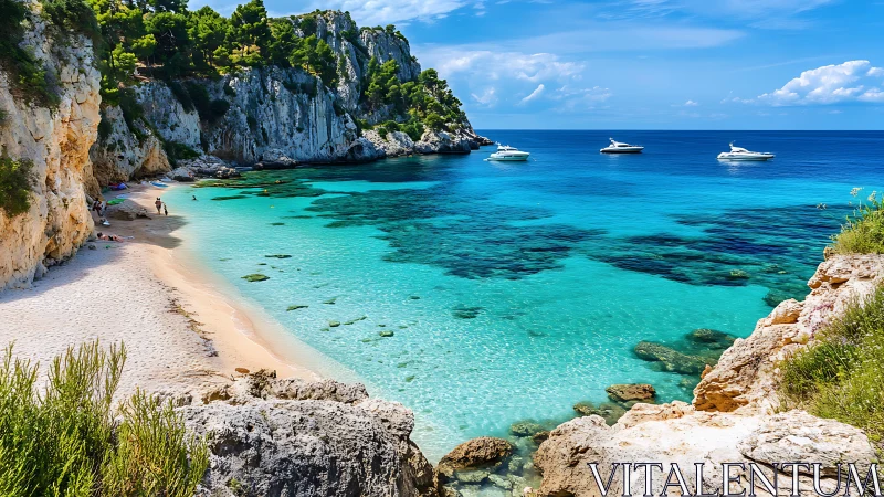 Limestone coastal formation with turquoise water and anchored vessels