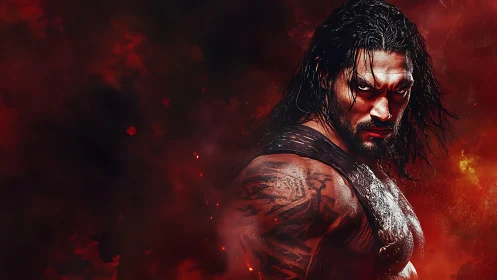 Brooding warrior portrait amid crimson atmospheric haze.