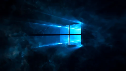 Glowing blue window logo in dark abstract digital space.