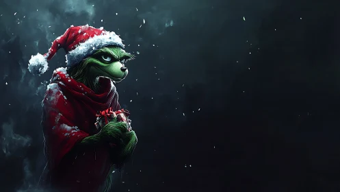Grim green creature grips stolen gift in snowy night