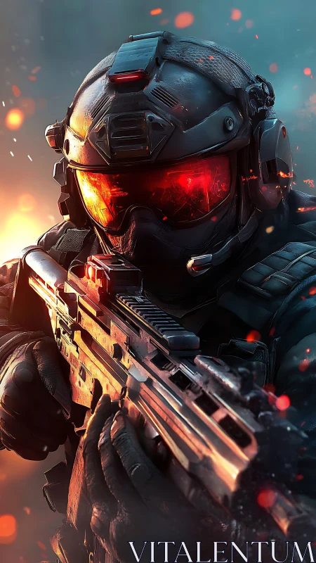 Flare-lit cyber soldier steadies a rifle in burning dusk