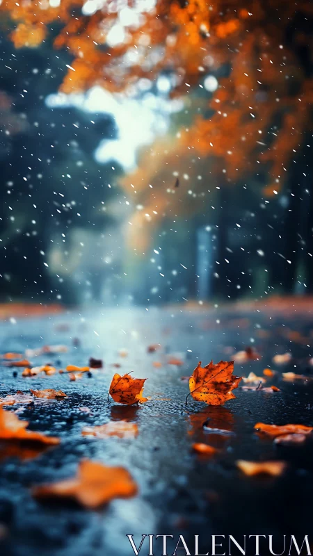 Wet autumn street with orange leaves and first snowfall.