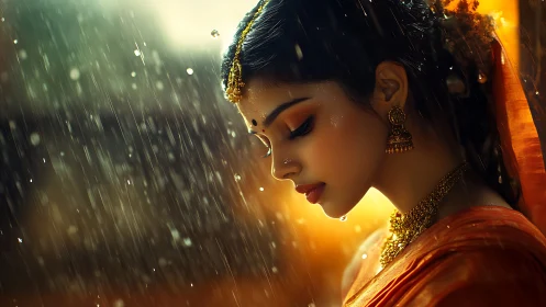 Digital portrait of woman in rain with golden light.