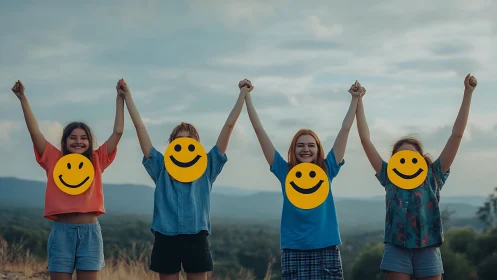 Joyful kids raising hands together under a wide open sky.