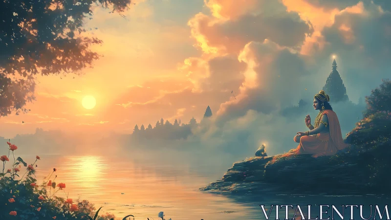 Divine sage meditates beside luminous river sunrise