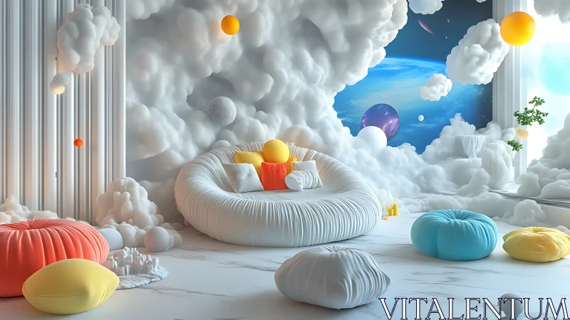 Playful cloud lounge with space view and bright seating.