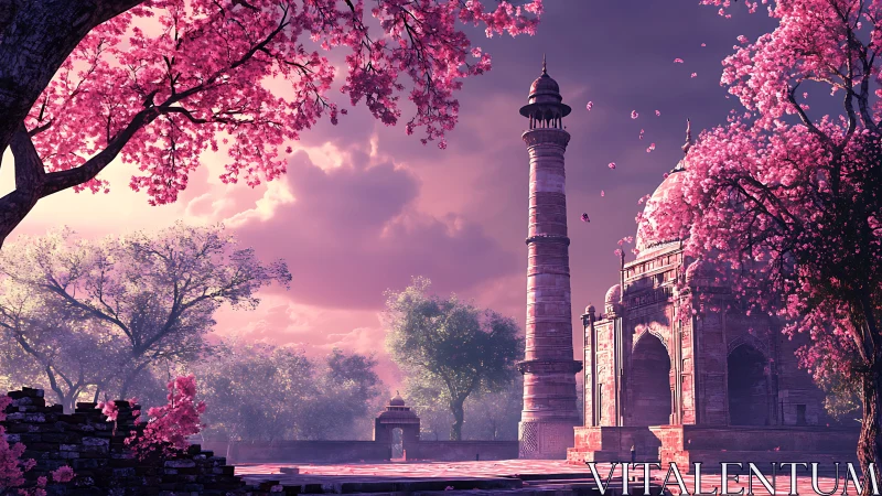 Rose-hued domed mausoleum framed by luminous blossom canopy.