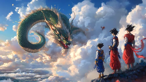 Sky summit with dragon guardian and determined warriors.