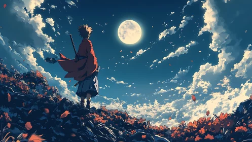 Samurai figure on rocky hillside under bright full moon.