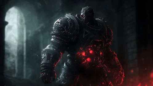 Runed infernal war golem in black plate within ruined hall