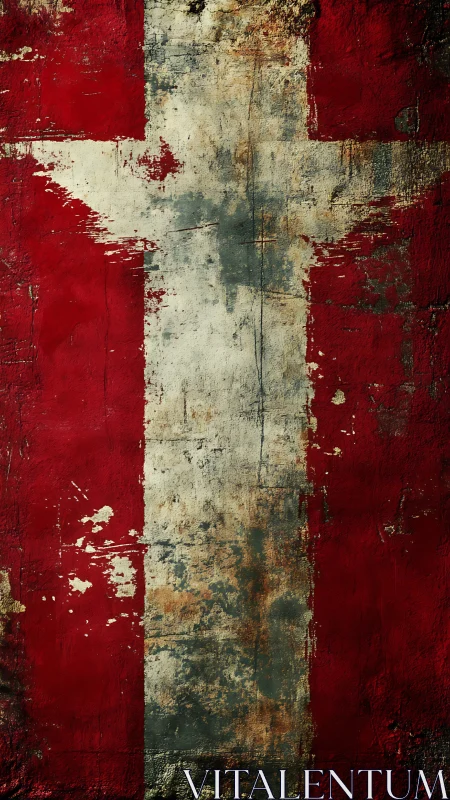 Weathered red surface with white vertical cross motif.