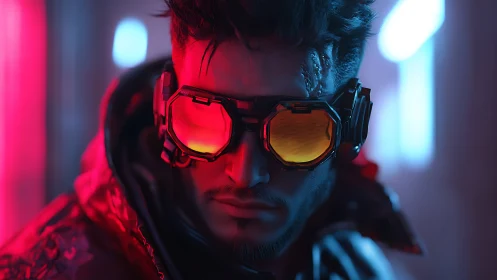 Neon city drifter in glowing cyber goggles at night.
